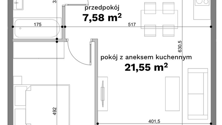Rzut - Mieszkanie na sprzedaż 2 pokoje o powierzchni 48,77 m² - numer C1-24 w Forma Otwarta etap C