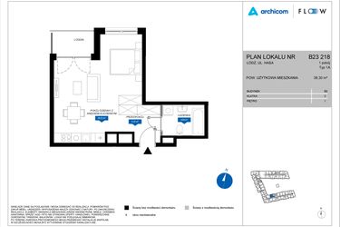 Rzut - Mieszkanie na sprzedaż 1 pokój o powierzchni 38,3 m² - numer B23 218 w Flow - bud. B2 A i bud. B2 B