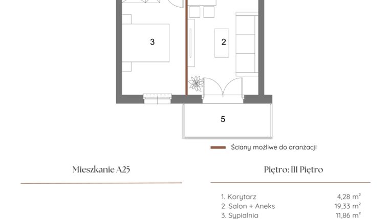 Rzut - Mieszkanie na sprzedaż 2 pokoje o powierzchni 39,96 m² - numer A25 w Dąbrowskiego 9