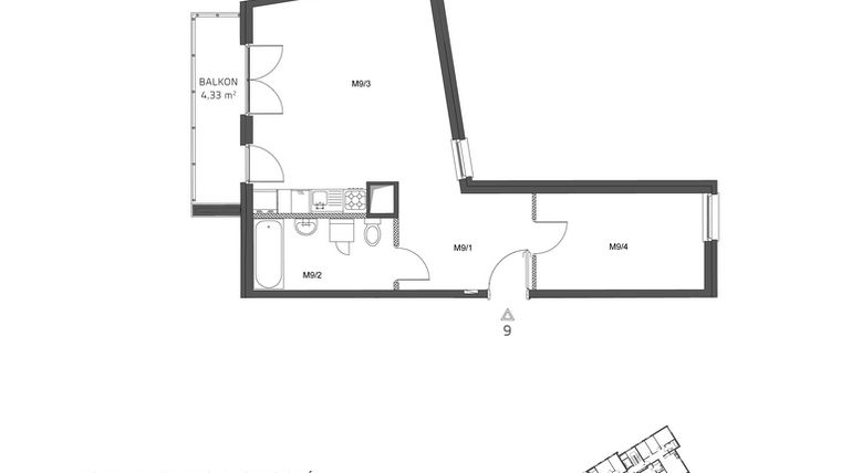 Rzut - Mieszkanie na sprzedaż 2 pokoje o powierzchni 49,28 m² - numer 9 w Wzgórze Krzemionki II