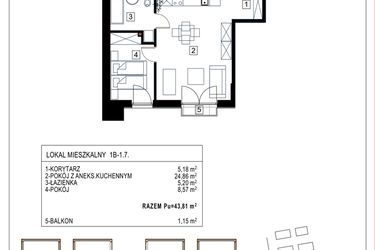 Rzut - Mieszkanie na sprzedaż 2 pokoje o powierzchni 43,81 m² - numer 1B-1.7 w Gardenia Pogodno