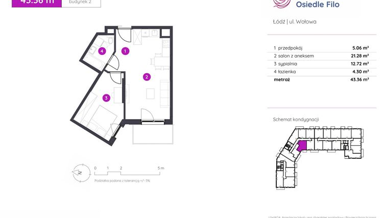 Rzut - Mieszkanie na sprzedaż 2 pokoje o powierzchni 43,36 m² - numer 2.B.2.05 w Murapol Osiedle Filo etap II