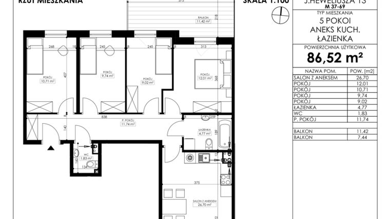 Rzut - Mieszkanie na sprzedaż 5 pokoi o powierzchni 86,52 m² - numer JAR-II-B-LM-M59 w Osiedle JAR Heweliusza etap II