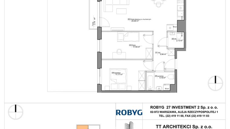 Rzut - Mieszkanie na sprzedaż 3 pokoje o powierzchni 61,11 m² - numer SU3/B/0/9 w Sady Ursynów III