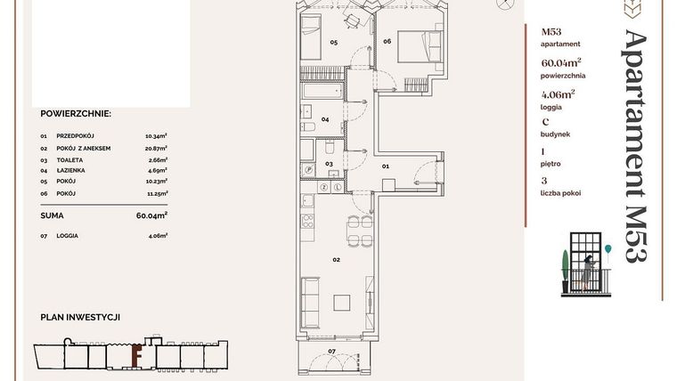 Rzut - Mieszkanie na sprzedaż 3 pokoje o powierzchni 60,04 m² - numer C.53 w Młyny Mogilska