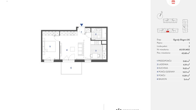 Rzut - Mieszkanie na sprzedaż 2 pokoje o powierzchni 42,62 m² - numer A5.101.M02 w Mieszkaj w mieście - Ogrody Glogera