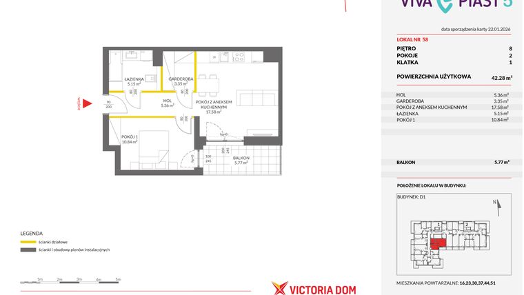 Rzut - Mieszkanie na sprzedaż 2 pokoje o powierzchni 42,15 m² - numer A.58 w Viva Piast 5