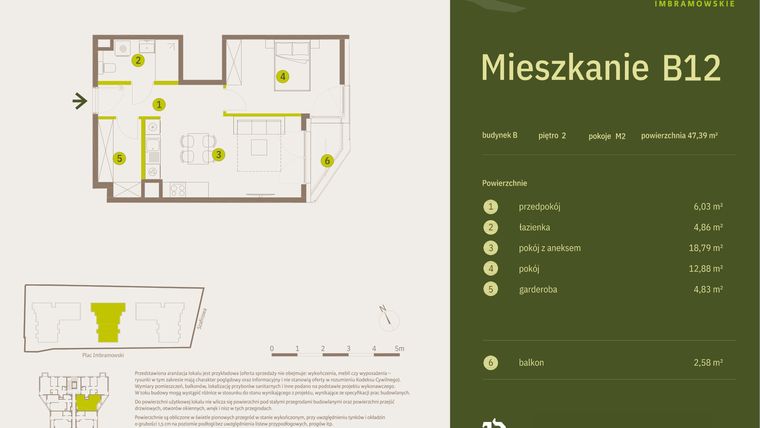 Rzut - Mieszkanie na sprzedaż 2 pokoje o powierzchni 47,39 m² - numer B12 w Osiedle Imbramowskie