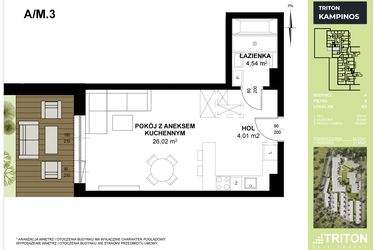 Rzut - Mieszkanie na sprzedaż 1 pokój o powierzchni 34,57 m² - numer A_M3 w Triton Kampinos III