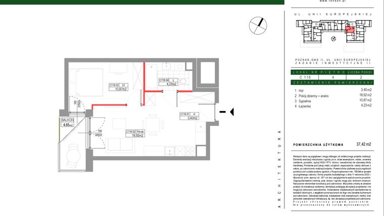 Rzut - Mieszkanie na sprzedaż 2 pokoje o powierzchni 37,42 m² - numer C116 w Grunwald Między Drzewami etap III