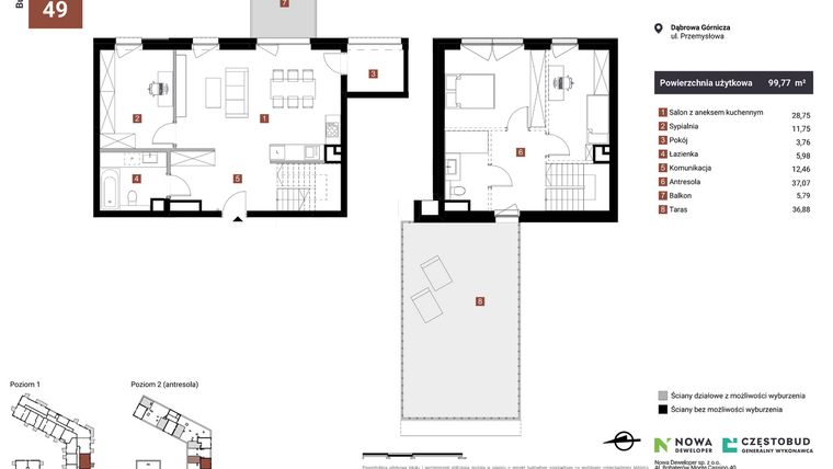 Rzut - Mieszkanie na sprzedaż 3 pokoje o powierzchni 99,77 m² - numer A49-I w Nowy Reden