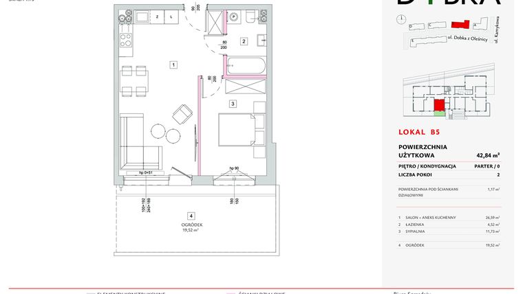 Rzut - Mieszkanie na sprzedaż 2 pokoje o powierzchni 42,84 m² - numer B05 w Dobka