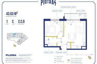 Rzut - Mieszkanie na sprzedaż 2 pokoje o powierzchni 43,63 m² - numer 2.C.6 w Piotra 4