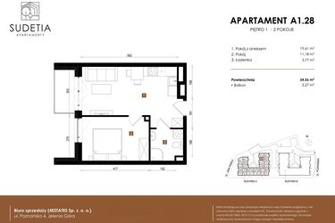 Rzut - Mieszkanie na sprzedaż 2 pokoje o powierzchni 34,56 m² - numer A 1.28 w Apartamenty Sudetia