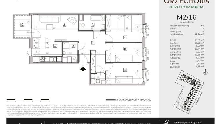 Rzut - Mieszkanie na sprzedaż 4 pokoje o powierzchni 82,24 m² - numer M2/16 w Orzechowa