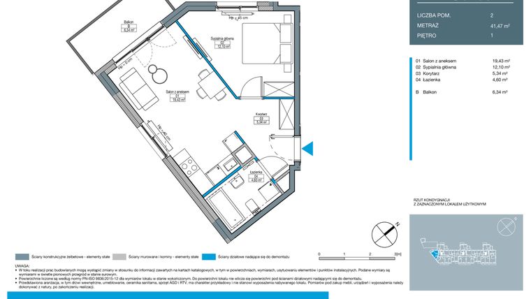 Rzut - Mieszkanie na sprzedaż 2 pokoje o powierzchni 41,47 m² - numer DC0105 w Talarowa Park II