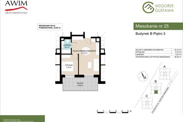 Rzut - Mieszkanie na sprzedaż 2 pokoje o powierzchni 36,09 m² - numer B25 w Wzgórze Gustawa