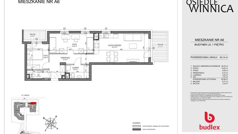 Rzut - Mieszkanie na sprzedaż 3 pokoje o powierzchni 65,14 m² - numer A06 w Osiedle Winnica L9