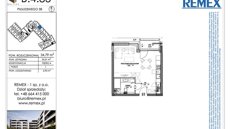 Rzut - Mieszkanie na sprzedaż 1 pokój o powierzchni 34,79 m² - numer B.4.85 w Osiedle BALTICA