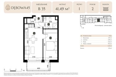 Rzut - Mieszkanie na sprzedaż 2 pokoje o powierzchni 41,49 m² - numer B.35 w Dębowa 45