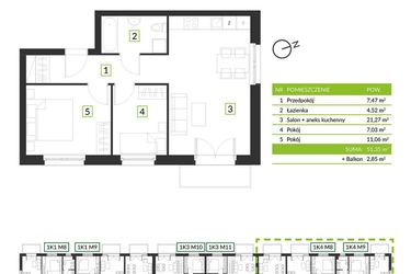 Rzut - Mieszkanie na sprzedaż 3 pokoje o powierzchni 51,35 m² - numer 1K4 M10 w Osiedle Krzeptów przy lesie