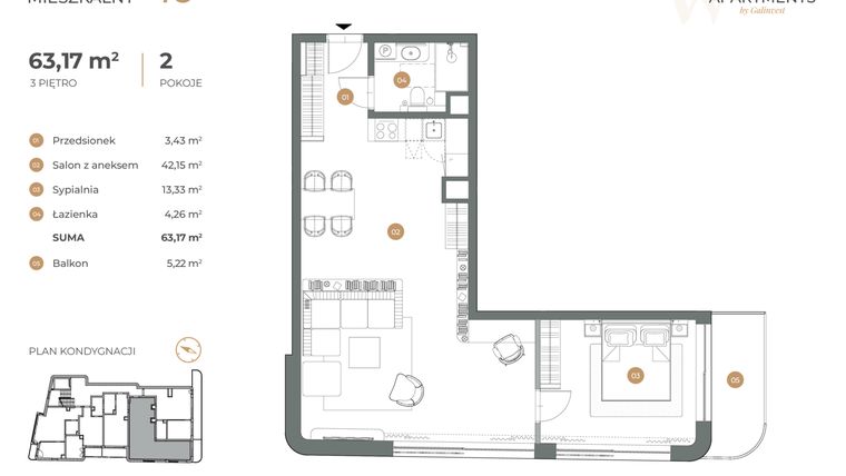 Rzut - Mieszkanie na sprzedaż 2 pokoje o powierzchni 63,17 m² - numer 16 w Witkiewicza Apartments