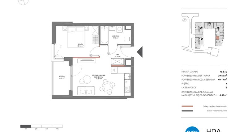 Rzut - Mieszkanie na sprzedaż 2 pokoje o powierzchni 40,19 m² - numer G.4.10 w Łopuszańska 47 - etap 2