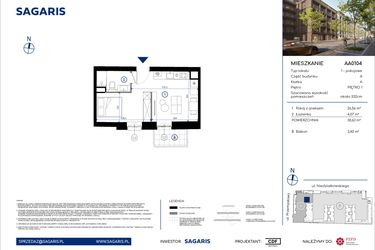 Rzut - Mieszkanie na sprzedaż 1 pokój o powierzchni 30,63 m² - numer AA0104 w Niedziałkowskiego Park