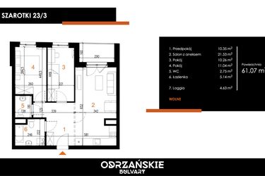 Rzut - Mieszkanie na sprzedaż 3 pokoje o powierzchni 61,07 m² - numer 23/3 w Odrzańskie Bulvary