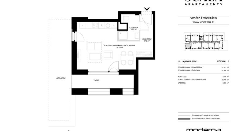 Rzut - Mieszkanie na sprzedaż 1 pokój o powierzchni 31,8 m² - numer G-11 (N) w Scala