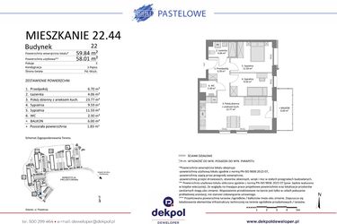 Rzut - Mieszkanie na sprzedaż 3 pokoje o powierzchni 58,01 m² - numer 22.44 w Osiedle Pastelowe etap IV