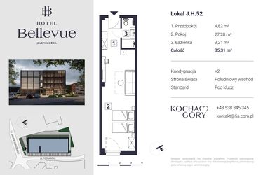 Rzut - Mieszkanie na sprzedaż 1 pokój o powierzchni 35,31 m² - numer 52 w Hotel Bellevue