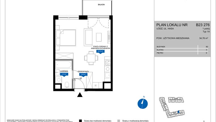 Rzut - Mieszkanie na sprzedaż 1 pokój o powierzchni 34,76 m² - numer B23 276 w Flow - bud. B2 A i bud. B2 B