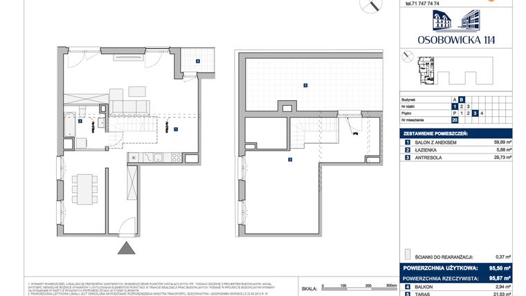 Rzut - Mieszkanie na sprzedaż 1 pokój o powierzchni 95,5 m² - numer B.20 w Osobowicka 114