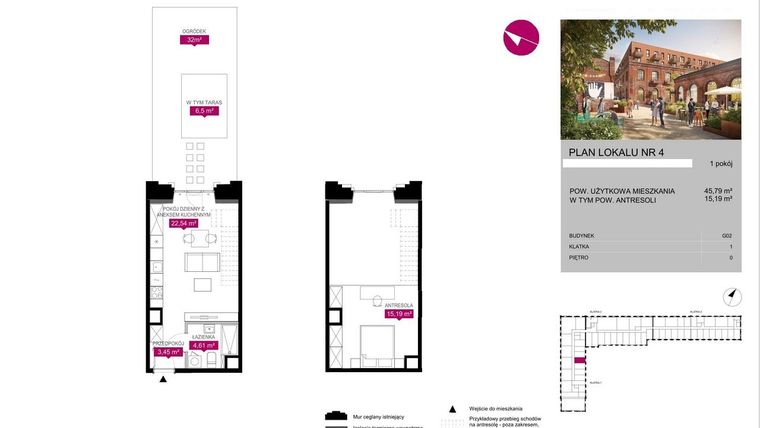 Rzut - Mieszkanie na sprzedaż 1 pokój o powierzchni 45,79 m² - numer G2.4 w Fuzja Lofty
