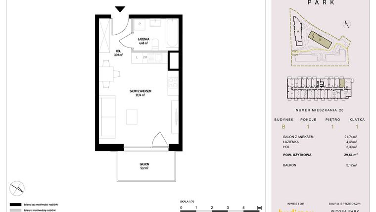 Rzut - Mieszkanie na sprzedaż 1 pokój o powierzchni 29,61 m² - numer B20 w Witosa Park