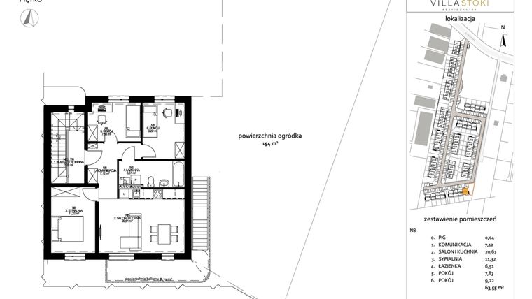 Rzut - Mieszkanie na sprzedaż 4 pokoje o powierzchni 63,55 m² - numer N8 w Villa Stoki (mieszkania)
