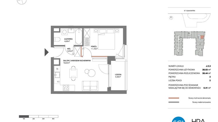 Rzut - Mieszkanie na sprzedaż 2 pokoje o powierzchni 38,44 m² - numer J.2.3 w Łopuszańska 47 - etap 3