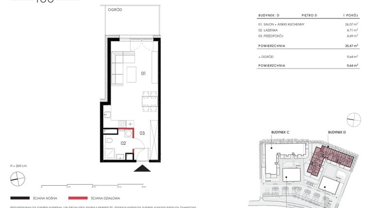 Rzut - Mieszkanie na sprzedaż 1 pokój o powierzchni 35,47 m² - numer D 0.07 w Naramowicka 100
