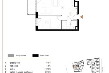 Rzut - Mieszkanie na sprzedaż 2 pokoje o powierzchni 45,54 m² - numer A08 w Osiedle Józefowska