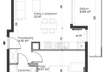 Rzut - Mieszkanie na sprzedaż 2 pokoje o powierzchni 40,56 m² - numer B-22 w Destino