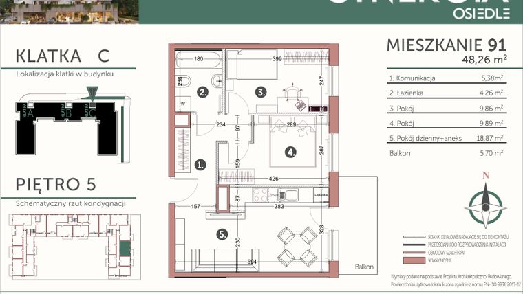 Rzut - Mieszkanie na sprzedaż 3 pokoje o powierzchni 48,26 m² - numer M91 w SYNERGIA