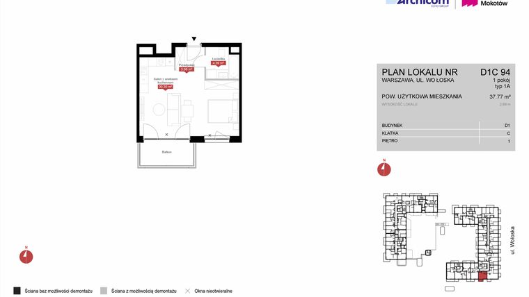 Rzut - Mieszkanie na sprzedaż 1 pokój o powierzchni 37,77 m² - numer D1C 94 w Modern Mokotów etap 4, budynek D1 i D2