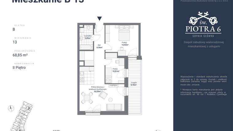 Rzut - Mieszkanie na sprzedaż 3 pokoje o powierzchni 68,85 m² - numer B13 w Św. Piotra