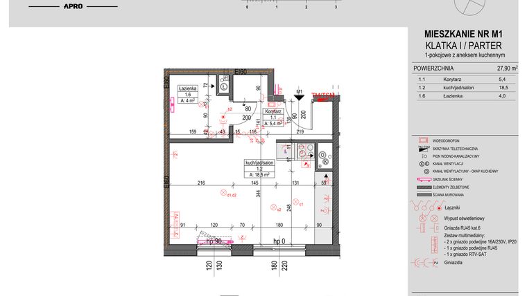 Rzut - Mieszkanie na sprzedaż 1 pokój o powierzchni 27,9 m² - numer M1 w Antczaka 46