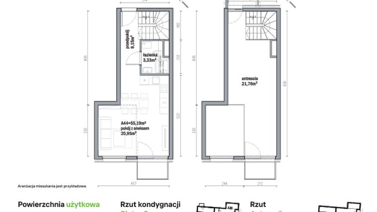 Rzut - Mieszkanie na sprzedaż 2 pokoje o powierzchni 55,19 m² - numer A44 w Traugutta Vita