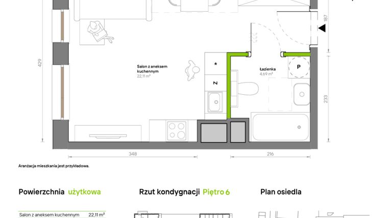 Rzut - Mieszkanie na sprzedaż 1 pokój o powierzchni 26,8 m² - numer A.6.5 w Żywiecka Vita