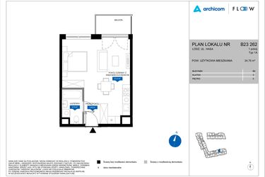 Rzut - Mieszkanie na sprzedaż 1 pokój o powierzchni 34,76 m² - numer B23 262 w Flow - bud. B2 A i bud. B2 B
