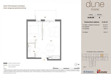 Rzut - Mieszkanie na sprzedaż 2 pokoje o powierzchni 41,34 m² - numer A 02.08 w DUNE Park