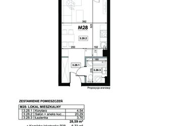Rzut - Mieszkanie na sprzedaż 1 pokój o powierzchni 28,59 m² - numer M28 w Miejska Premium II